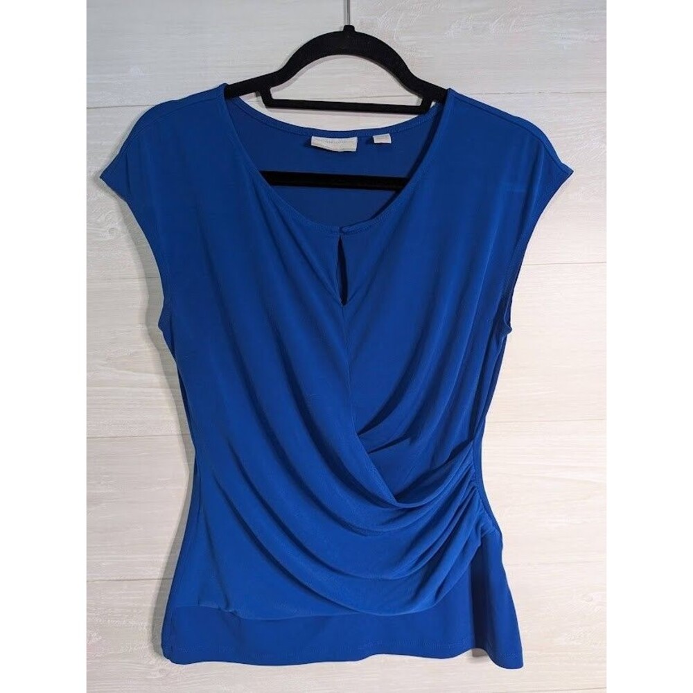 New York & Company Cobalt Blue Drape Front Top M Cap Sleeve Ruched Office Chic